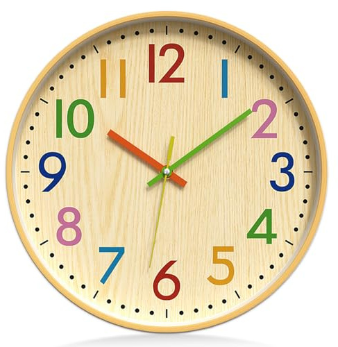 GOMETY Kinder Wanduhr Ohne Tickgeräusche 30cm Bunt Zahlen Lautlos Quartz Wanduhr Lernuhr Modern Holzmaserung Kinderwanduhr für Kinderzimmer Jungen Mädchen Schule Wohnzimmer Büro