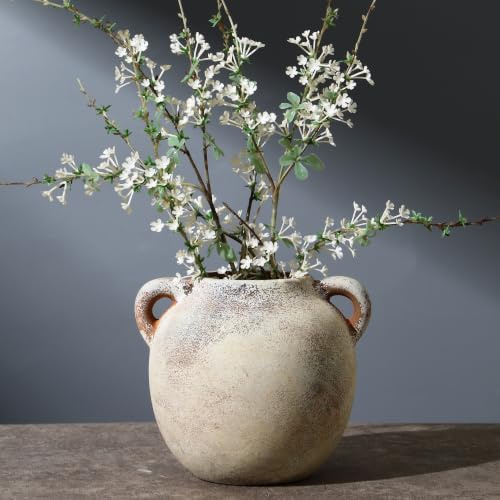 KRYSTHIA Keramik-Blumenvase mit Griffen, dekorative Terrakotta-Vase, rustikale Vasen für Heimdekoration, Bauernhaus-Vintage-Vasen für Wohnzimmer, Küche, Schlafzimmer, Büro, Couchtisch, 14 cm (braun)