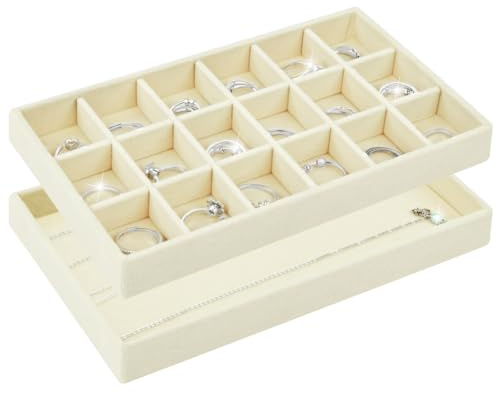 ALIIP 2PCS Plateau Bijoux Velours, Rangement Bijoux Tiroir Organiseur, Diviseurs Amovibles, Empilable pour Organiser et Présenter Colliers, Bagues, Boucles d'Oreilles, Beige-B