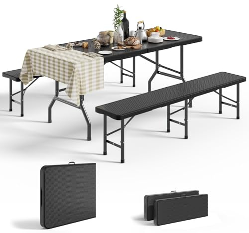 Devoko Camping-Klapptisch, Bierzeltgarnitur klappbar, Faltbares 3-teiliges Set, 1 Camping Klapptisch+2 Bänke, zusammenklappbar für kompakte Aufbewahrung, Biertisch klein, Festzeltgarnitur Set