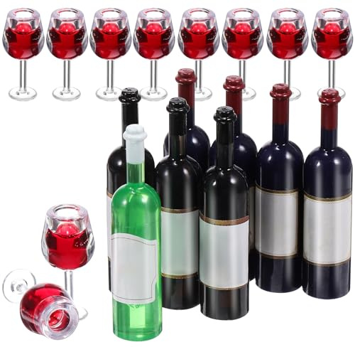TOYANDONA 18 copas de vino y botellas en miniatura, escala 1:12, copas de vino tinto y botellas para casa de muñecas, pequeños cálices y accesorios para bebidas para casa de muñecas, micropaisajes y