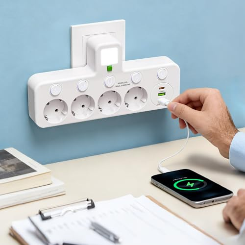 Kabellose Steckdosenleiste mit USB Nachtlicht — Multifunktionale Mehrfachsteckdose Ohne Kabel mit Einzeln Schaltbaren Steckdosen — 4 Steckdosen + 1 Typ-C + 2 USB für Zuhause, Büro und Wohnmobi