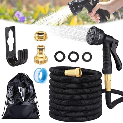 Gartenschlauch Flexibel 15m, Ausziehbare Garten Schlauch mit 8 Modi Sprühpistole, Leichter Flexibler Schlauch, Schlauch Flexibel Bewässerung mit 1/2 und 3/4 Metallverbindung, Wandhalterung, Schwarz