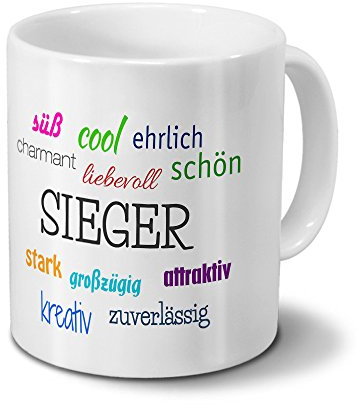 Tasse mit Namen Sieger - Motiv Positive Eigenschaften - Namenstasse, Kaffeebecher, Mug, Becher, Kaffeetasse - Farbe Weiß