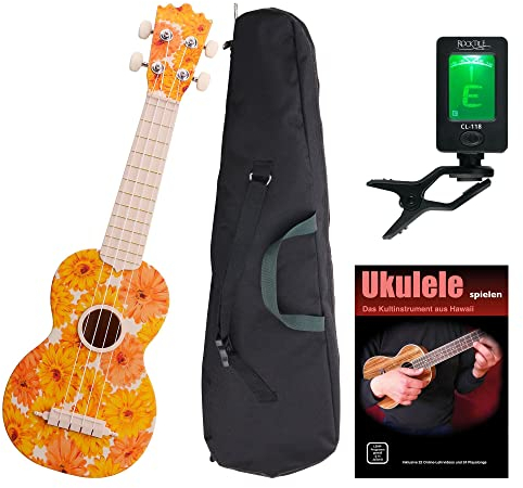 Classic Cantabile BeachBuddy Beachflower Sopran Ukulele SET inkl. Tuner und Noten (Uke, Hawaii Gitarre, Kunststoff, 12 Bünde, Outdoor & Strand tauglich, Stimmgerät, Schule)