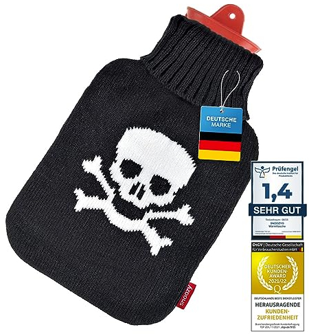 Snoozy® Wärmflasche mit weichen und kuschligen Bezug XXL mit 2 Liter Volumen für langanhaltende Wärme; 100% Naturkautschuk (Piraten)