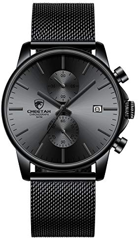 Herrenuhr Fashion Sport Quarz Analog Mesh Edelstahl wasserdichte Chronographenuhren, Auto Date in grauen Zeigern, Farbe: Schwarz