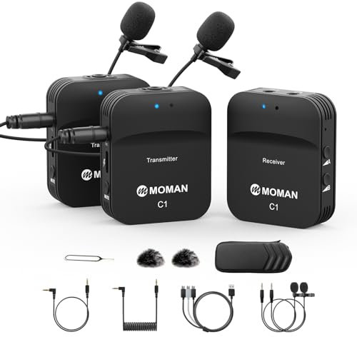 Moman Wireless Lavalier Microphone C1X, 2.4G Lapel Mic System for Camera DSLR Camcorder Canon Sony Nikon 200m Transmission, Radio Microphones Compatible for iPhone/Andorid Mobilephone Laptop Tablet