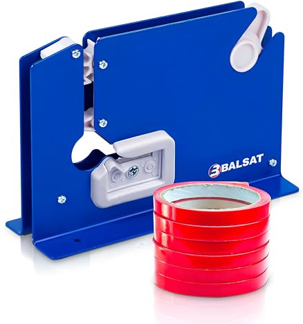 Balsat Machine de fermeture de sacs scellante de sac bleu laqué + 6 rouleaux rouges | Scellant de sacs en plastique manuel | Compatible avec rubans adhésifs de 12 mm an | métallique, robuste et précis