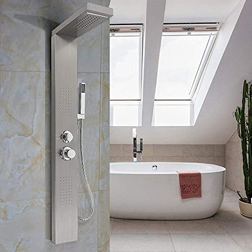 YIZHE Thermostat-Brausebatterie,304 Edelstahl Duschset,Duschpaneel aus Edelstahl 304 mit Thermostat, Duschstange, Regenduschset Regendusche,HandbrauseWasserfalldusche,15 * 47 * 130cm