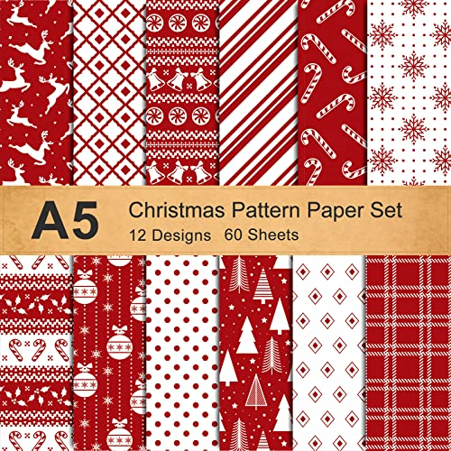 Whaline 12 Designs Weihnachtsmusterpapier A5 Größe 60 Blatt Schneeflocke Rentier Weihnachtsbaum Glänzendes Musterpapier Weiß Rot Dekoratives Bastelpapier Doppelseitig Gefaltet Flach für