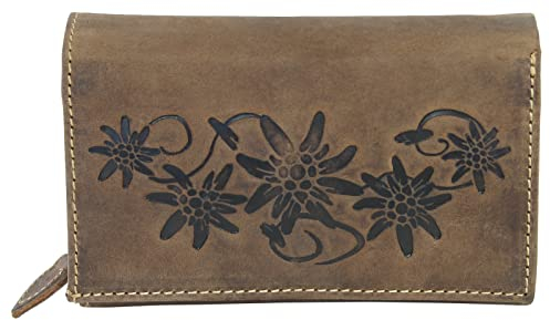 WILD THINGS ONLY !!! Große Damen Geldbörse aus Antik-Leder mit vielen Fächern - Motiv-Prägung - Farbe Braun