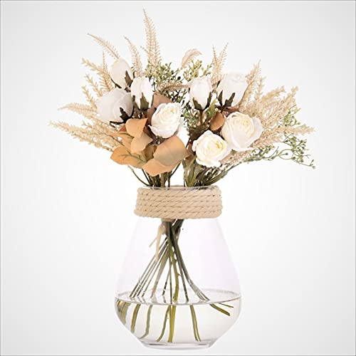 huaao 2PCS Flores Artificiales Rosas Color Blancas de Seda y Trigo Plantas Ramo de Novia Arreglo Floral Bouquets Decoración para Boda Nupcial Hogar Jardín Oficina Centro de Mesa
