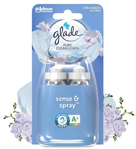 Glade Sense et Spray Nachfüllpack Duopack Diffusor mit Bewegungserkennung – mit ätherischen Ölen – bis zu 4 Monate Duft – Pure Clean Linen – 2 Nachfüllpackungen