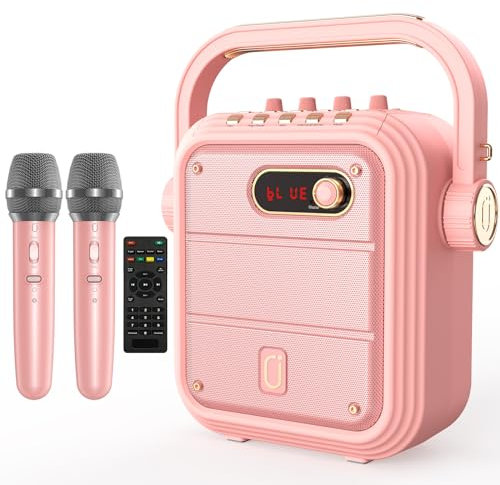 JYX Karaoke Machine with 2 Wireless Microphones, Bluetooth Karaoke Speaker with Treble/Bass Adjustment, Pink Speaker PA System Birthday Gift for Adults Girls Indoor Outdoor Family Home Party Supplies