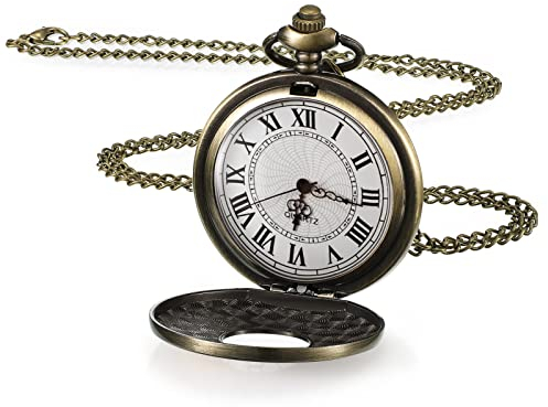 Yaomiao Halloween Vintage Taschenuhr für Herren Glatt Quarz Taschenuhr mit Kette Antik Kettenuhr mit Römisch Ziffern für Papa Damen Weihnachten Geburtstag (Bronze Abdeckung, Weißes Zifferblatt)