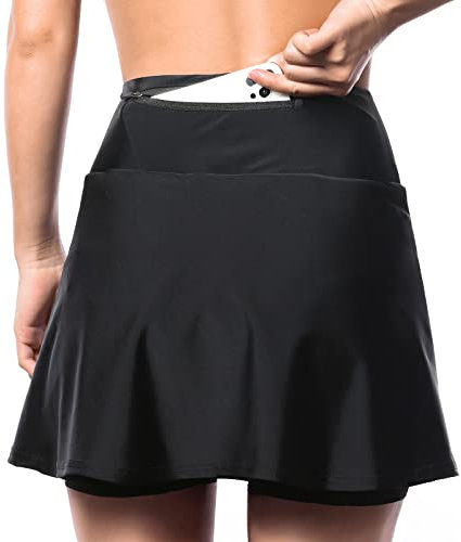 SECXEO Fahrradrock Damen Gepolstert Gel 5D Radlerhose, 2-in-1 Kurz Hose Radrock Damen, Fahrrad Frauen Hosenrock mit Tasche und Hoher Taille, Fahrrad Skort Damen mit Innenhose, Schwarz XL