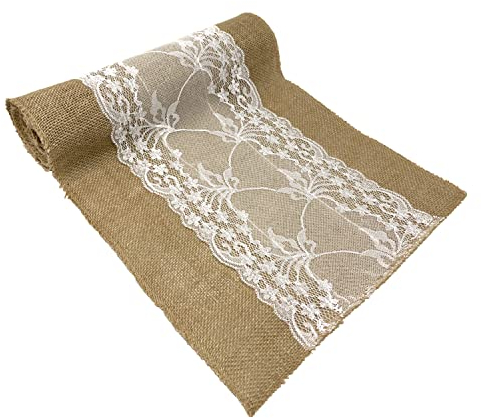 Oblique Unique® Jute Tischläufer mit Spitze Tischband Tisch Läufer Naturfarben 270 cm x 30 cm Tischdeko für Geburtstag Party Hochzeit Garten Party Deko