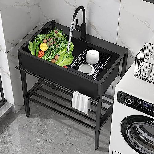 Duchunsheng Fregadero De Acero Inoxidable Negro, Fregadero De Cocina Comercial Fregadero Individual Independiente, Portatil Fregadero Exterior Jardin Mueble Pila Lavadero, para Garaje Lavabo Hogar