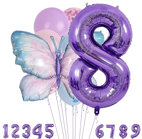 8 Jahre Set - Zahl Folienballon，Tiere Deko，Blau Lila Geburtstagsdeko Schmetterling Deko，Kindergeburtstag Party-Deko Zahl 8 Luftballon für Mädchen Jungen Geburtstags Festival Party Dekoration