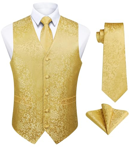 Enlision Weste für Herren Paisley Blumen Jacquard Gelb Weste mit Krawatte und Einstecktuch Taschentuch Set Herren Anzugweste für Hochzeit Party, 4XL