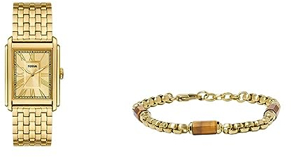 Fossil Herrenuhr Carraway und Komponentenarmband All Stacked Up - Dreizeigeruhrwerk, goldfarbener Edelstahl und braunes Tigerauge-Armband