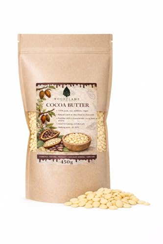 Woodflame Kakaobutter, Pastillen, 900g, Perfekt geeignet für Kosmetik, natürlich vegan und rein, Theobroma cocoa seed butter, Lebensmittelqualität