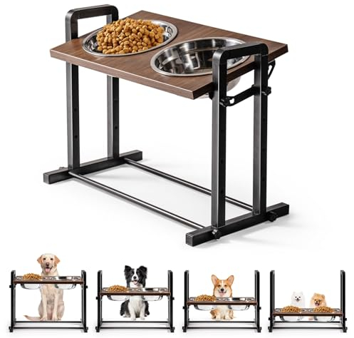 MEWOOFUN Gamelle surélevée pour chiens de grande et moyenne taille - 4 hauteurs réglables - Gamelles surélevées en bois robuste avec 2 gamelles en acier inoxydable de 1200 ml (taille XL)