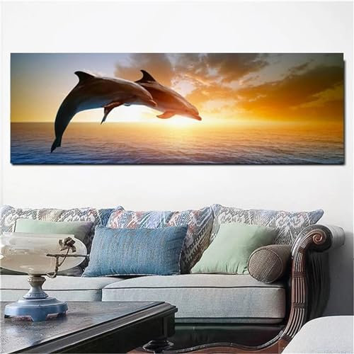 Syiboo DIY 5D Diamant Malerei,Diamond Painting Groß，Kristall Strass Stickerei Bilder Diamant Malerei Kits für Geschenk/Wanddekoration Sonnenuntergang Delphin 50x150cm-20x60 inch s-302