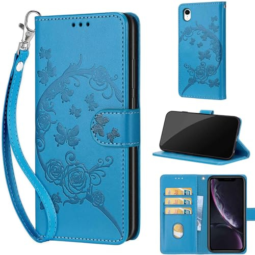 KENHONER Phone Case for iPhone XR, Flowers and Butterflies - Blue | Shockproof Flip Wallet, Card Slots, Kickstand, PU Leather, Wrist Strap Lanyard