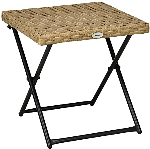 Outsunny Beistelltisch aus Polyrattan klappbar Kaffeetisch Couchtisch Tablett Balkontisch Gartentisch Sofatisch Teetisch Gartenmöbel Rattantisch für Garten Terrasse Balkon, 40x40x40cm Naturholz