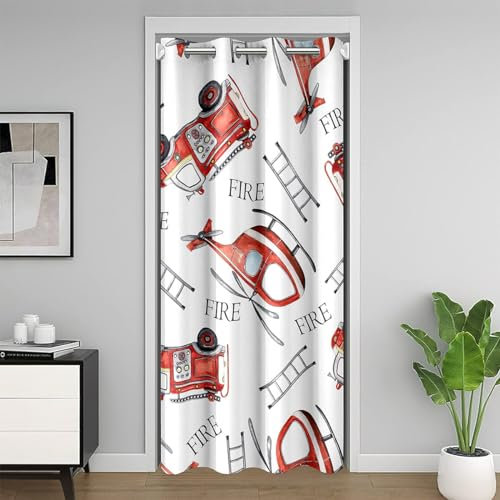 Roter Feuerwehrmaschine Tür Vorhang für Privatsphäre, Flugzeugleiter Jungen Auto Liebhaber Zimmer Verdunkelung Blackout Vorhang, 132x203, gezeichnet Feuerwehr Fahrzeug Raum Teiler Blackout Vorhang
