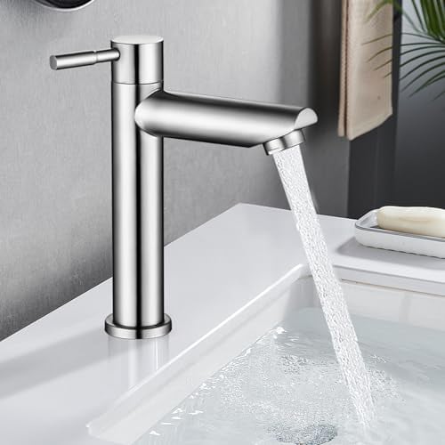 Grifo de Lavabo de Acero Inoxidable, Mezclador Monomando para Lavabo,Grifo Mezclador de Baño,de válvula de cerámica Grifo Baño con manguera de conexión(Agua Fría)