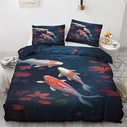 zcwl Koi Bettwäsche 135x200 Sommer, Japanische Bettbezug Set 2 teilig, Weiche Kuschelige Mikrofaser Bettwäsche-Sets, Wendebettwäsche und 1 Kissenbezug 80x80 mit Reißverschluss