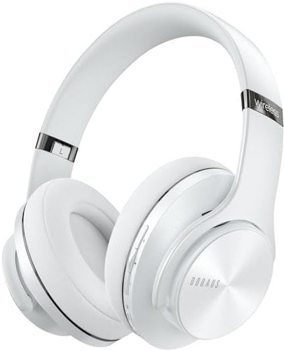 DOQAUS Bluetooth Headphones Over Ear, 90H Playtime, Bluetooth 5.3 Wireless Headphones, 3 EQ Modes, Foldable Hi-Fi Stereo Bass Headphones Wireless, Soft Earpad, Built-in Mic, for Phone PC Travel(White)