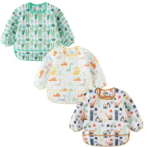 ElecMotive Long Sleeve Bibs 3 Pack Waterproof Sleeved Bib Baby Toddler Soft Bib for 6-30 Months