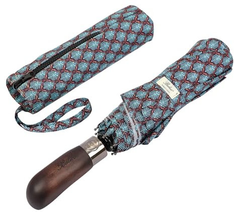 Balios Folding Umbrella Wood Handle Auto Open Close Vented Canopy Cypress Leaves Plum
