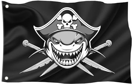 Drapeau pirate - 60 x 40 cm - Résistant aux intempéries - Avec œillets - Pour extérieur et intérieur - 100 % polyester - Requin 1 (taille S)