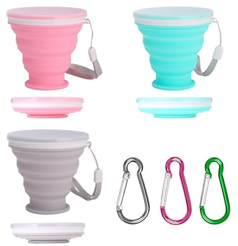 ZOCONE 3 Piezas Vaso Plegable Silicona con Tapa Rosa Verde Gris con Mosquetón 200ml Reutilizable Taza Camping Plegable Copa Vaso de Viaje y Camping