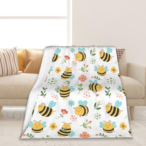 Coperta morbida e calda e leggera in flanella con motivo api e api, per biancheria da letto, divano, viaggi, 127 x 152 cm