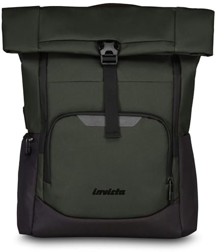 Invicta ZAINO Ufficio ACT FOLD, Zaino monoscomparto roll-top con fondo rinforzato, Verde, Nastro per alloggiamento asta trolley, Tasca Interna Porta PC, Zaino Ufficio e Viaggo