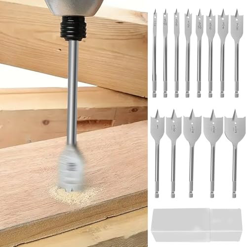 13Pcs Spade Drill Bit Set 1/4 to 1-1/2inch Paddle Flat Bit Sets High Carbon Steel Flat Wood Hole Cutter Drill Set with Quick Change Shank High Hardness Spade Drill Bit for Woodworking