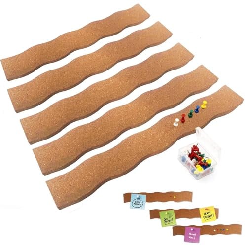 FISH DRAGATE 5 stück pinnwand kork,korkplatte mit 50 pushpins,selbstklebend,pinwand korktafel,korkwand pinnwand,korkstreifen dehnungsfuge,korkplatte für wand schreibtisch home klassenzimmer（wellig）