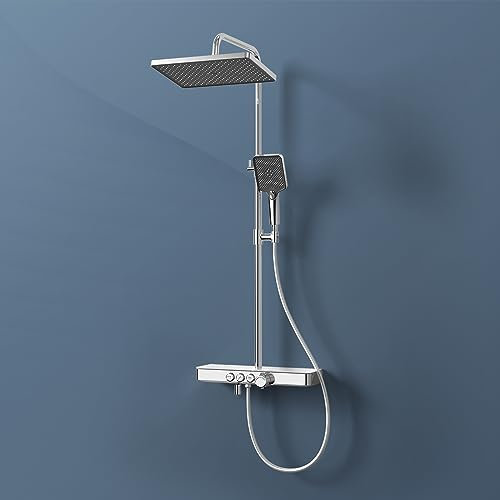 EMKE Colonne de douche thermostatique, douche de pluie et douche manuelle, hauteur réglable 816-1146 mm, chromée, set de douche avec étagère en verre, 1146 x 450 x 480 mm