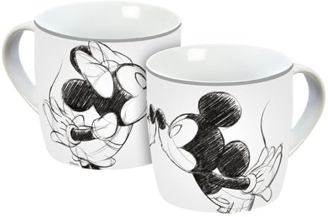 Taza de Mickey Kiss Sketch gris plata, 300 ml, taza de porcelana, taza de café, taza infantil, Mickey Mouse, Minnie Mouse, corazón, gris