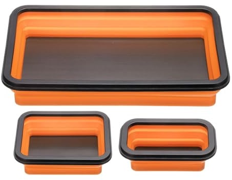sourcing map 3pcs Collapsible Magnetic Parts Tray Set 3 Different Size Foldable Small Metal Parts Tool Tray Rectangle Silicone Bowls for Fixing Screw Bolts Nuts Washers Pins, Orange