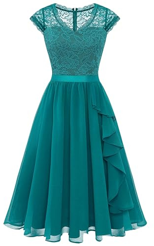 WedTrend Women Short Sleeve Bridesmaid Dresses A-line Wedding Guest Dresses Floral Chiffon Semi Formal Dresses, Ruffle Modest Juniors Prom Dress for Cocktail Party WT0212PeacockGreenL