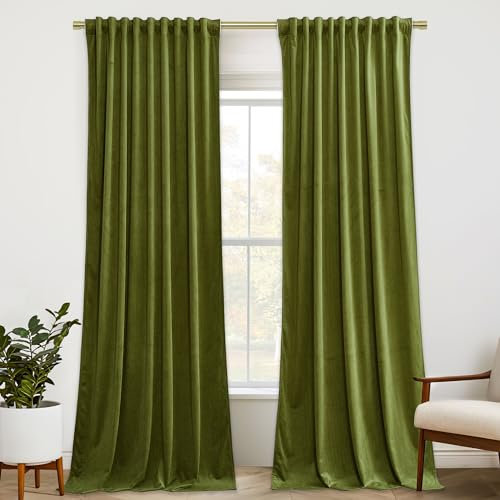 StangH Olive Green Curtains 92 inches Long Christmas Soft Velvet Room Darkening Thermal Insulated Window Drapes Back Tab Luxury Decor for Bedroom Living Room, W52 x L92, 2 Panels