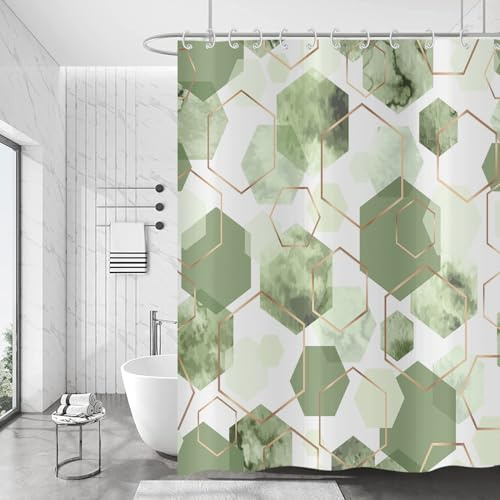 Hnmdmyi Duschvorhang Salbei Grün 180x200, Moderne Geometrische Sechseck Abstrakte Kunst Badewanne Vorhang Wasserdicht Polyester Stoff Waschbar Badevorhang für Badezimmer mit Haken