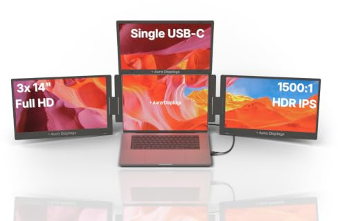Aura Displays Triple Boost 14 Pro | Premium Triple Portable Monitor Extender | Full Aluminum | Quad Screens | 3 × 14 FHD 1080P HDR IPS | USB-C & HDMI | Compatibile con laptop da 11-18